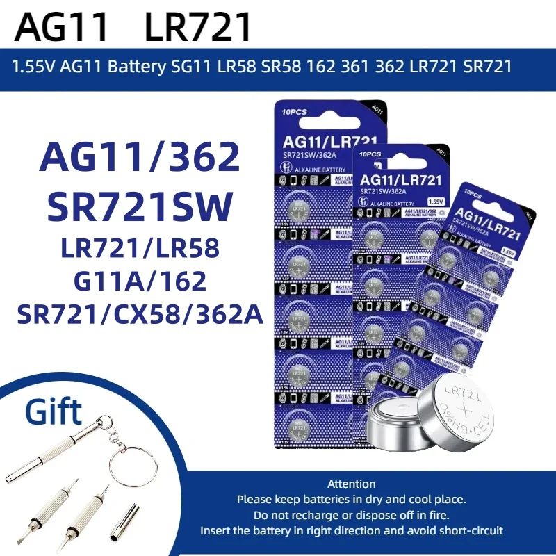 

1.55V AG11 LR721Button Battery SG11 LR58 SR58 162 361 SR721 Button Batteries SR720 L721F Cell Coin Watch Toys Remote Cameras