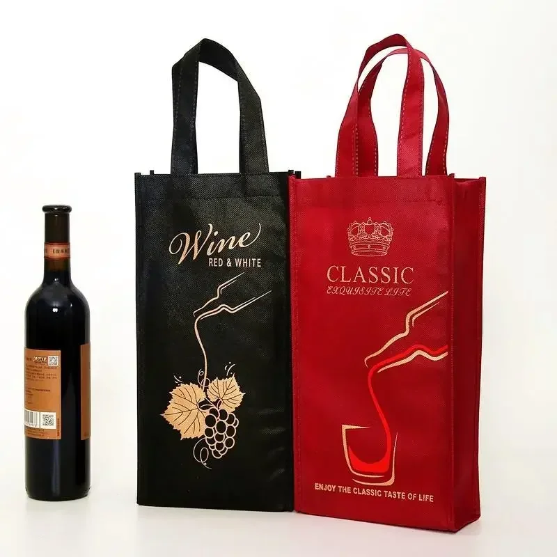 

10pcs Red Nonwoven Fabric Highend Wine Bag Made Wine Gift Customized Logo Handbag Printed Waterproof Wine Bottle Packag Bag