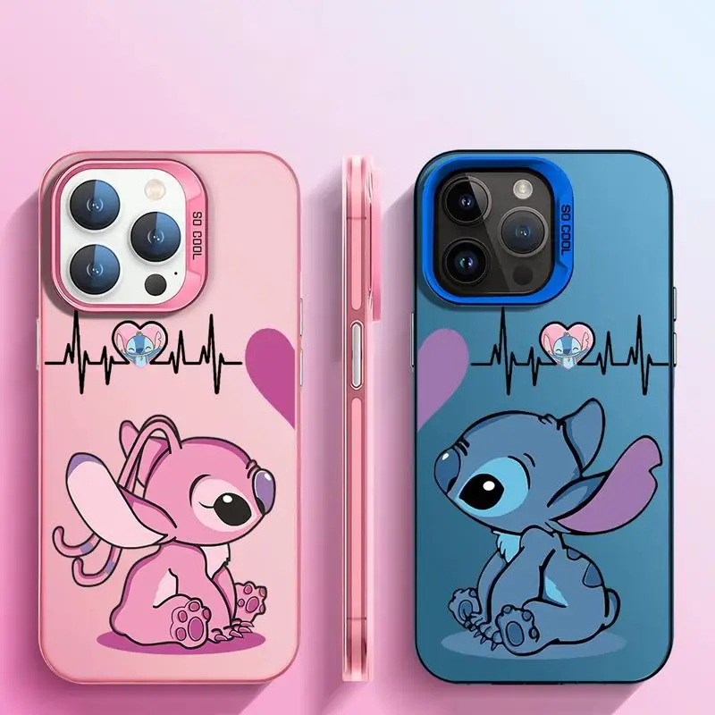 Matte Phone Case for iPhone 15 14 13 12 11 pro Max 15plus 14plus Disney Love Couple Angel Stitch Heartbeat Colorful Silver Cover