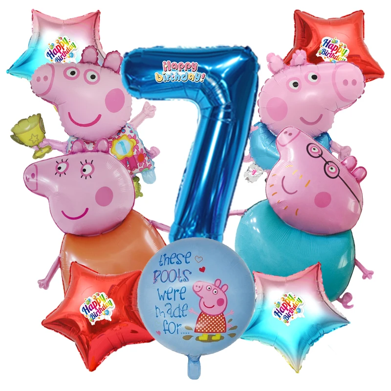 10pcs Cartoon Peppa Pig Family Balloon Kit Dark Blue Digital 0-9 Foil Globos Star Round Themed Balloons Birthday Backdrop Decor view 3