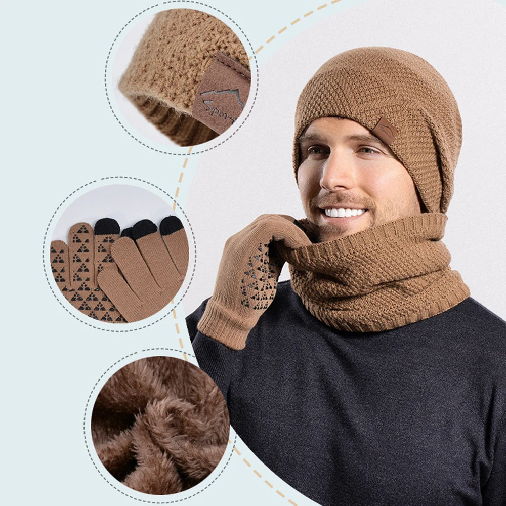 3-in-1 Men\'s Warm Hat Scarf Gloves Set Women Winter Touchscreen Gloves Men Outdoor Windproof Warm Neck Scarf Knitted Beanie Caps