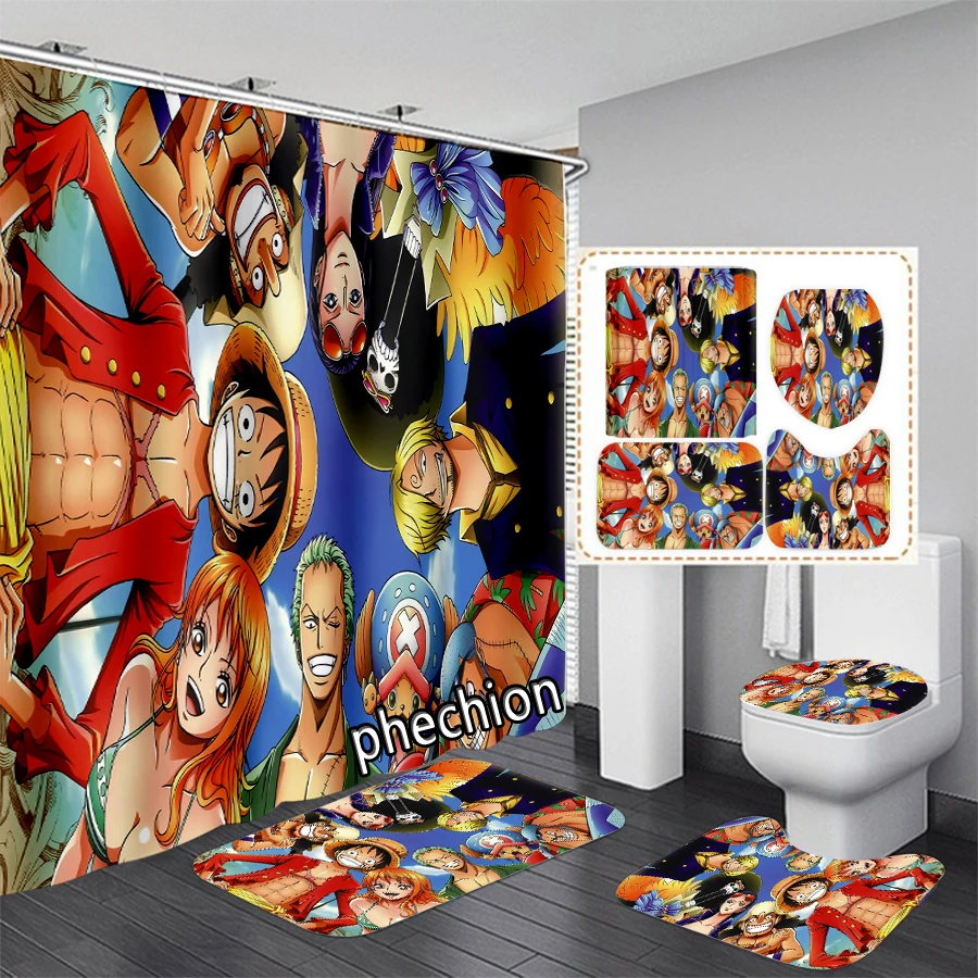 New Anime One Piece 3D Print Shower Curtain Waterproof Bathroom Curtain Anti-slip Bath Mat Set Toilet Rugs X33