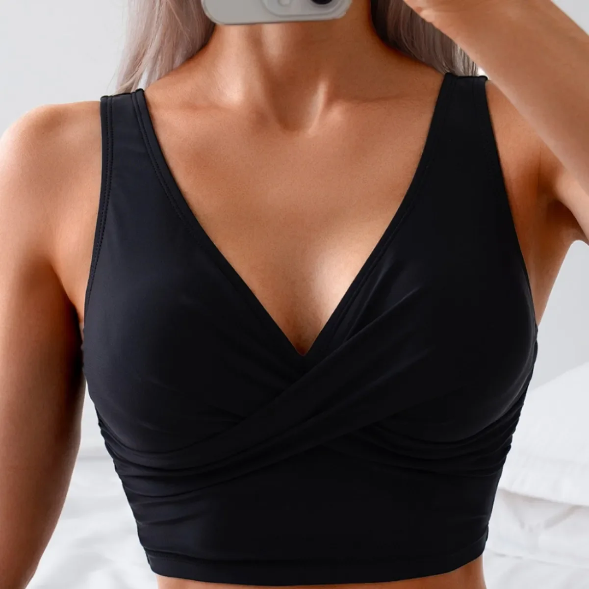 

Женский стильный однотонный комплект танкини с V-образным вырезом и завязками, раздельный купальник из двух частей для пляжа