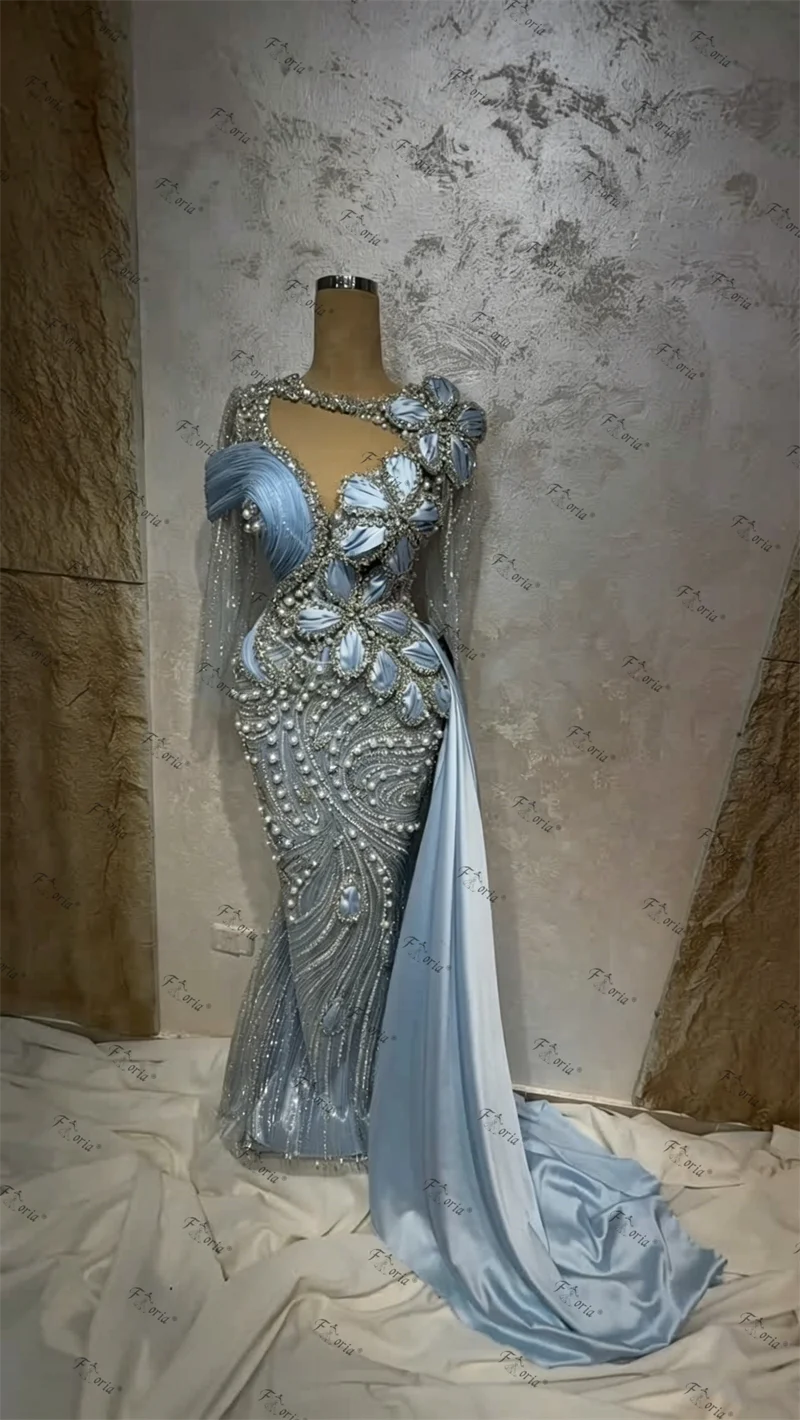 

Свадебные платья Luxo с бисером и шлейфом в стиле русалки, синие, с жемчугом и кристаллами, для женщин, для официальных мероприятий, вечерние платья, Robe de Mariee, на заказ