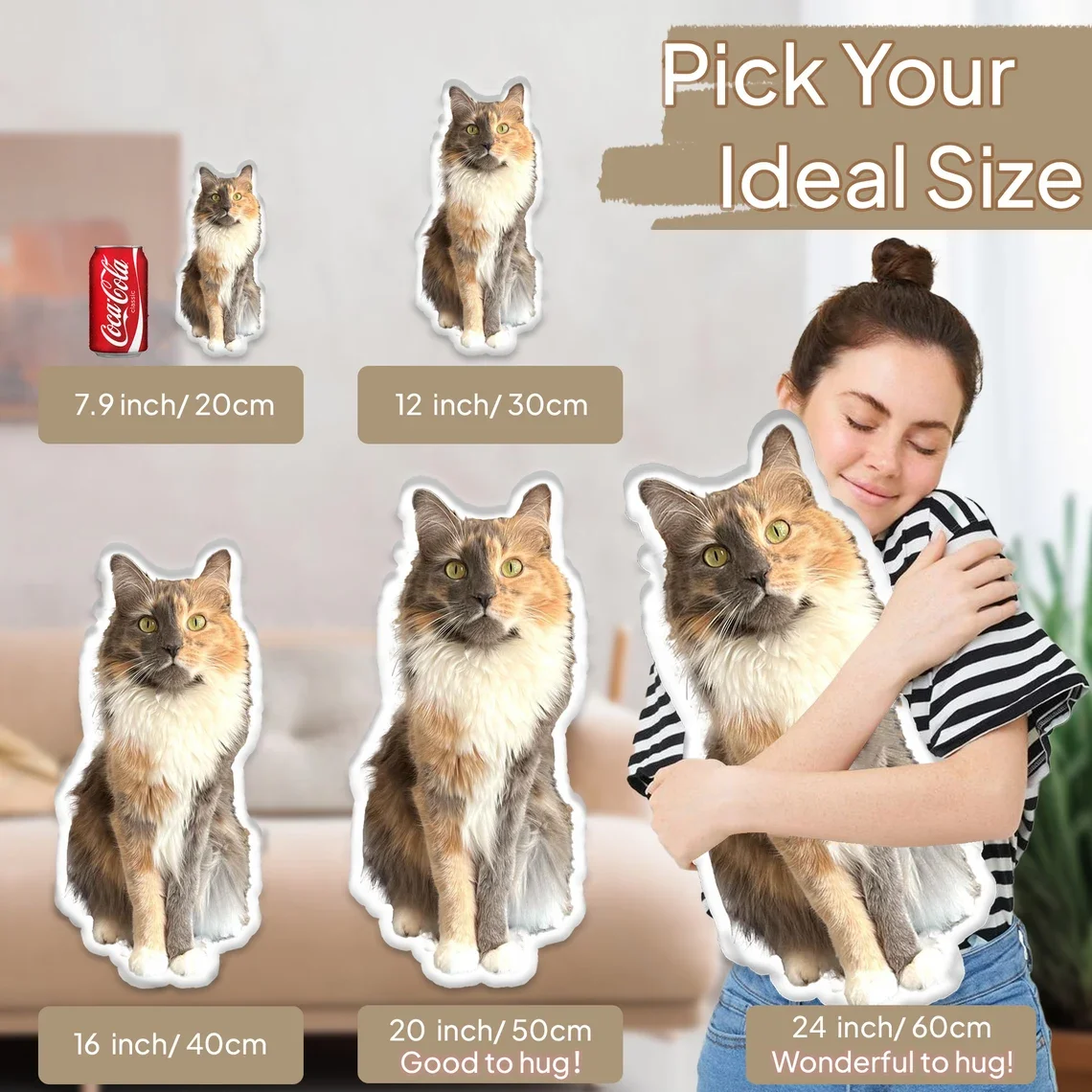 

Customized photo pillow with realistic cat and dog shapes, personalized plush gift for friends, olive brown polyester