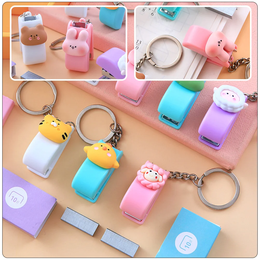 5 Pcs Small Stapler Gift Key Ring Staples Keychain Office Supplies Rings Student Animal Keyring with