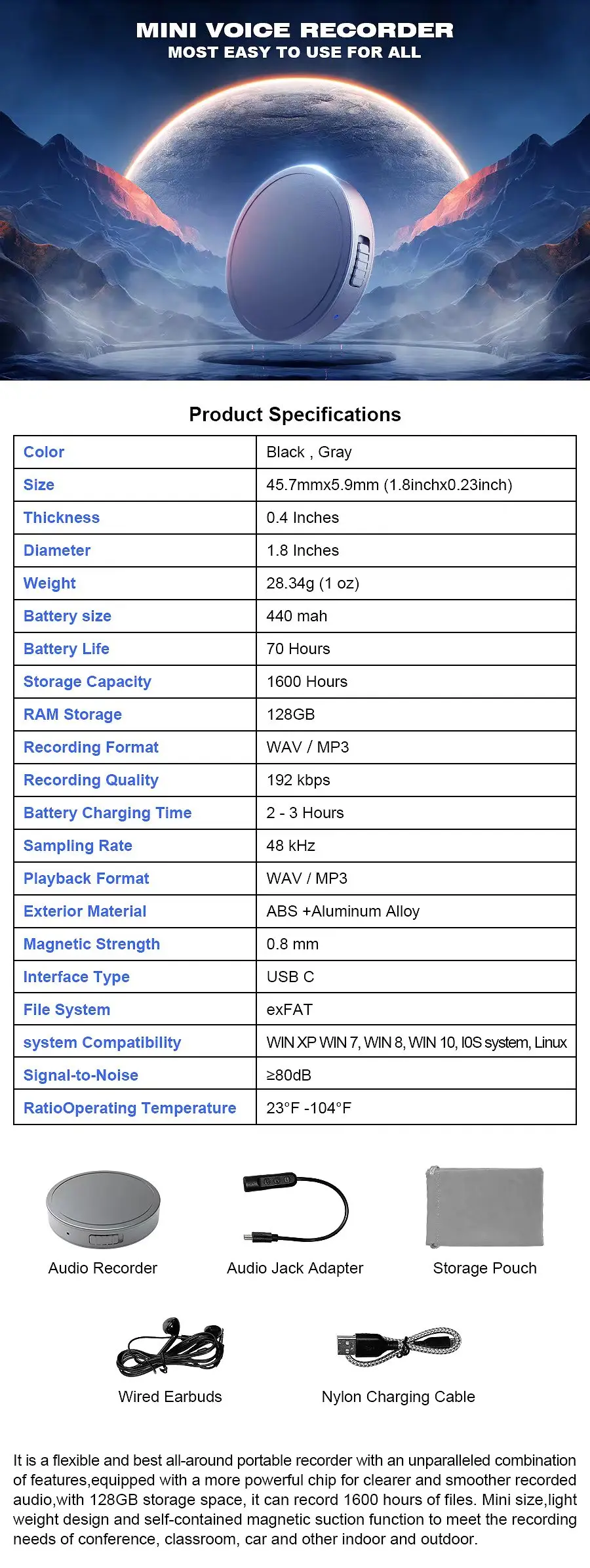 مسجل صوت رقمي صغير خفيف الوزن بسعة 128 جيجابايت باللون الرمادي من النوع C مع تصميم مريح