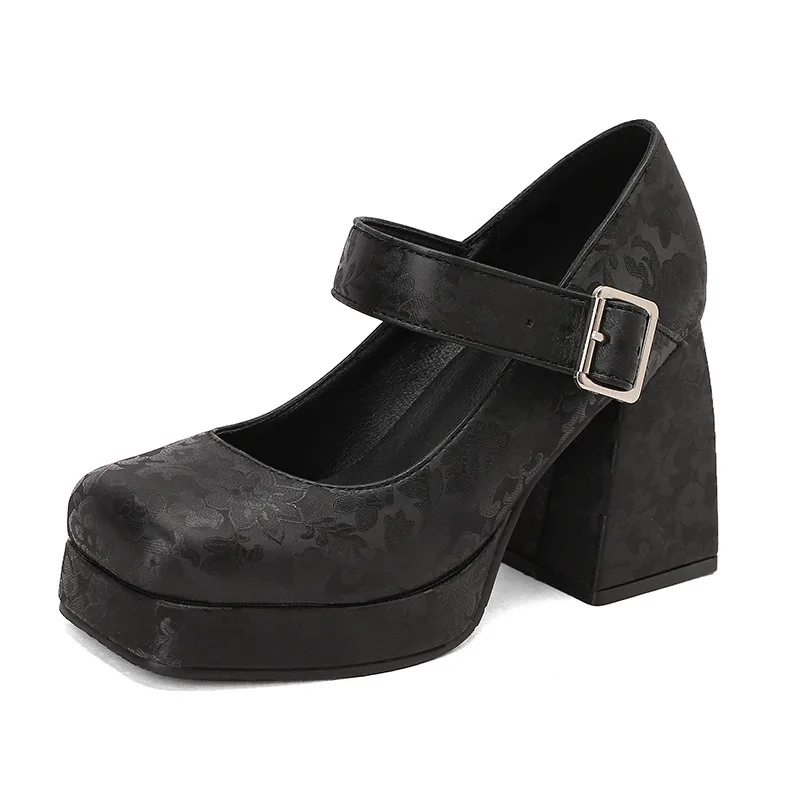 Lolita Slip On Pumps Spring Printed Platform Buckle Women Mid Block Heel Dress Shoes