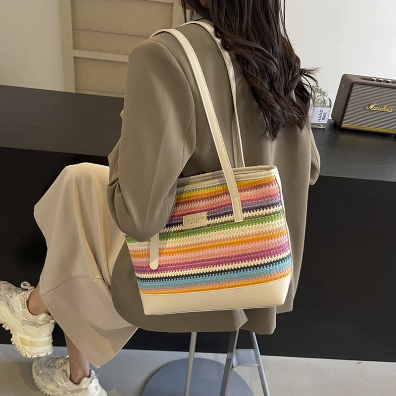 Summer Rainbow Straw Woven Handbags for Women 2024 New Fashion Commuter Shoulder Bags Casual Striped Beach Vacation Tote Bag