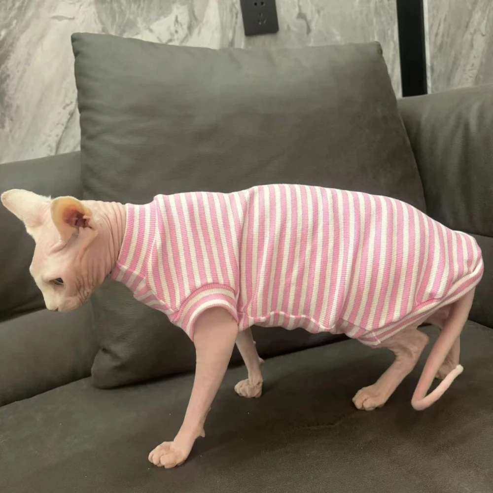 Cotton Striped T-Shirt for Sphynx Cat Summer Spring Short Sleeves Coat for Kittens Dogs Loungewear for Devon Rex Cat Supplies