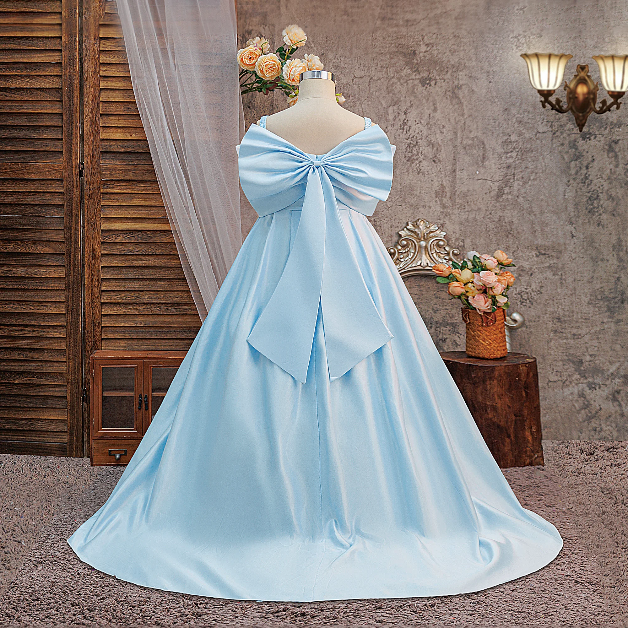 Satin-Hochzeitskleid für Mädchen, Elegantes Prinzessinnenkleid für Erstkommunion, Party, Brautjungfern, Abschlussball, Weihnachten, Neujahr, Abendkostüm – Detail 17