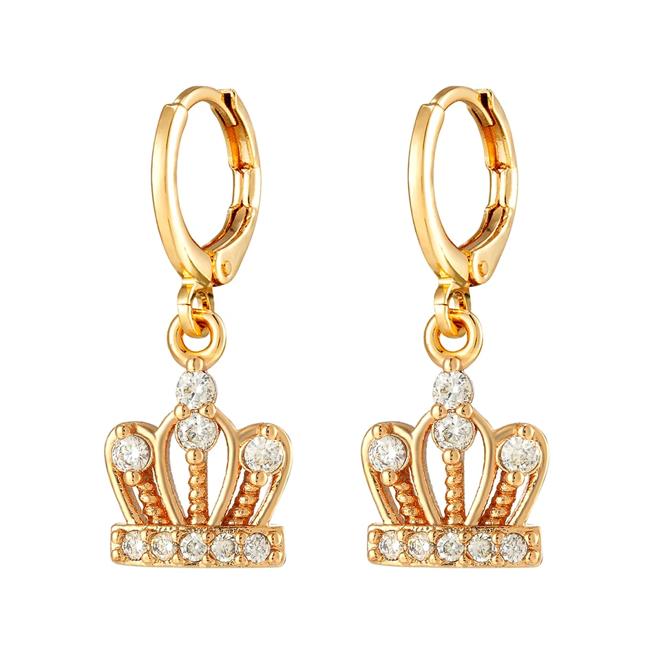 Luxury Queen Crown Drop Earrings Gold Color Crystal Zircon Dangle Earrings Metal Hoop Princess Wedding Jewelry Women Girl Gifts