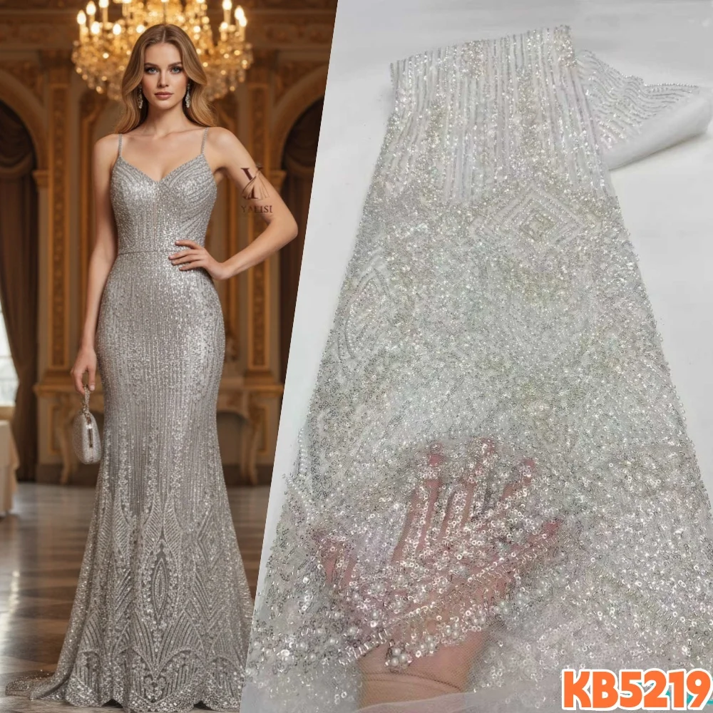 YLS White Beads Sequins Tulle Lace Fabric Africa Brown Beaded Embroidery Fabric French Mesh Lace Fabrics for Cloth Sewing KB5219