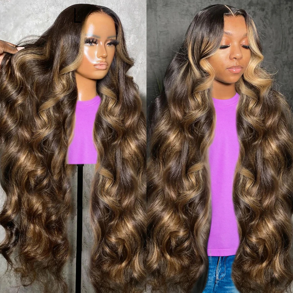 

30inch Colored Highlight Body Wave Glueless 13x4 HD Lace Front Human Hair Wigs Honey Blonde 7×5 Water Wave Frontal Wig For Women
