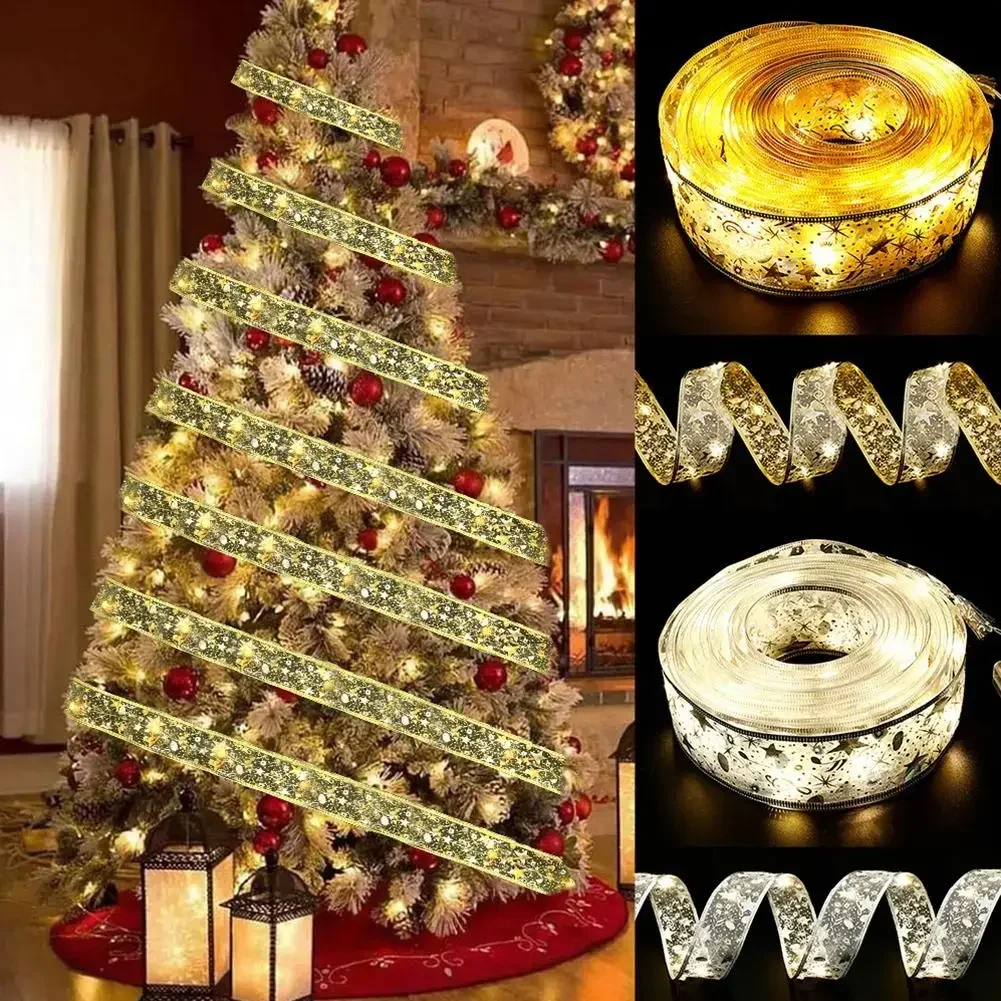 Light Strings Christmas Ribbon Bows With LED Christmas Tree Decorations 2023 Family Merry Party Ornaments 2M 20 LED Light