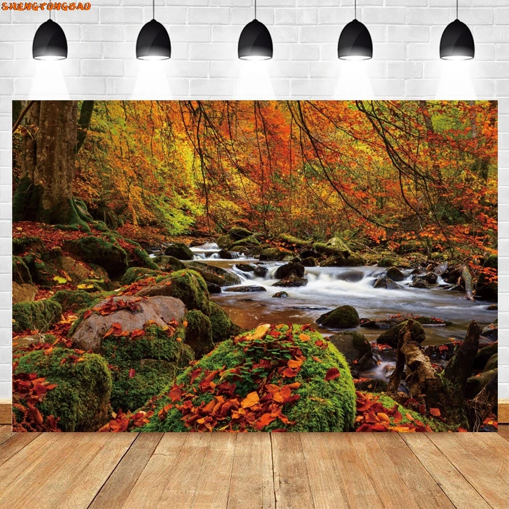 Autumn Nature Scenery Backdrop Mountain River Maple Forest Birthday Party Photography Background Wall Decor Photo Studio Props