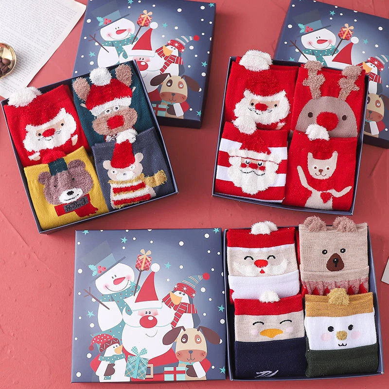 Harajuku Christmas Box Packing Gift Socks Kawaii Soft Cotton Women Sock Winter Warm Colorful Cute Santa Claus Deer Sock For Girl