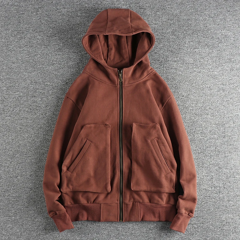 

Retro Simple Large Pocket Open Cardigan Hoodie Men's Heavyweight Fleece Thick Warm Coat Casual Loose Fit Autumn Winter Top