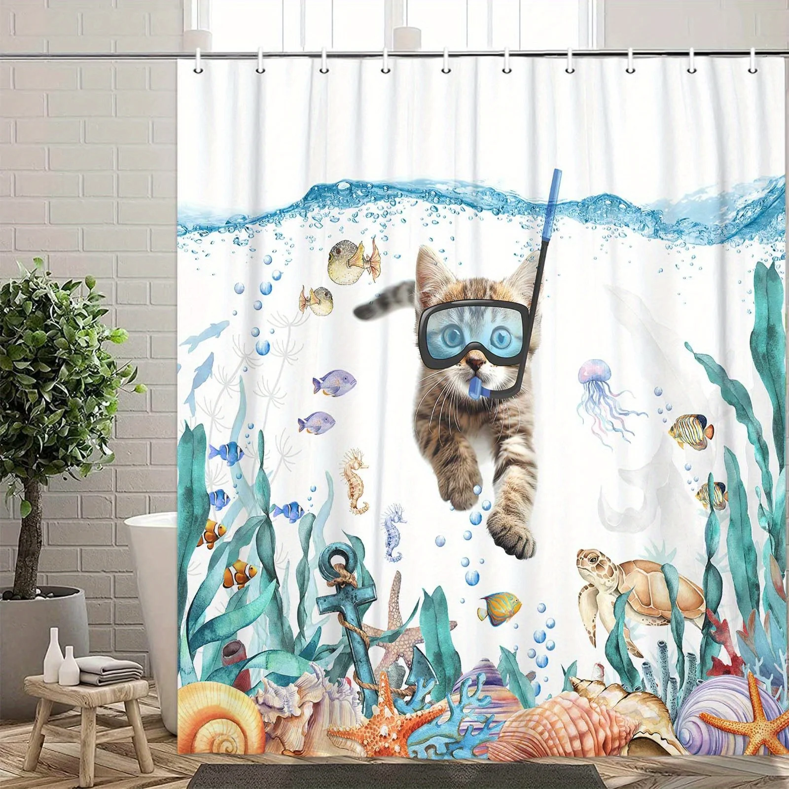 スキューバダイビング猫シャワーカーテン面白い水中シーンプリント防水ポリエステル浴室装飾バスカーテン