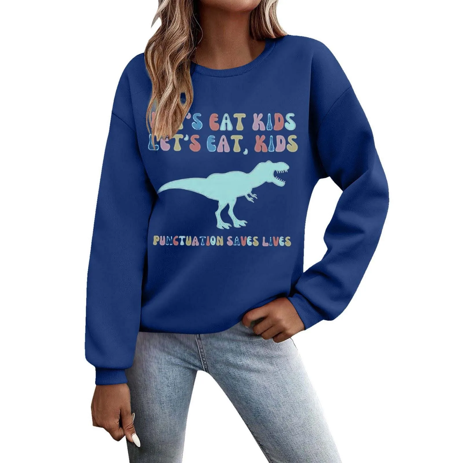 

2024 And Winter Fashion Little Dinosaur Print Women's Hoodless Sweatshirt Casual Loose Long Sleeve Crew Neck Pullover Top