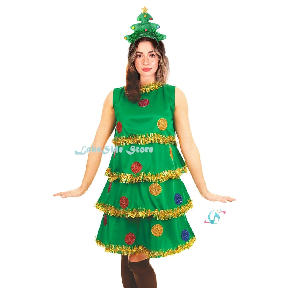 Women Christmas Tree Cosplay Costume Green Pleated Sleeveless Tiered Dress Socks Fancy Outfit Christmas 2025 New Year Party Set