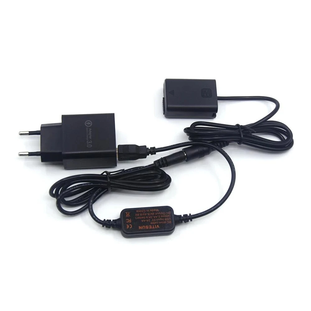

NP-FW50 Dummy Battery QC3.0 USB Charger + USB Cable For Sony A7S2 A7S A7 II A7R A7RII a7m2 A6000 A6300 A6500 A7000 ZV-E10
