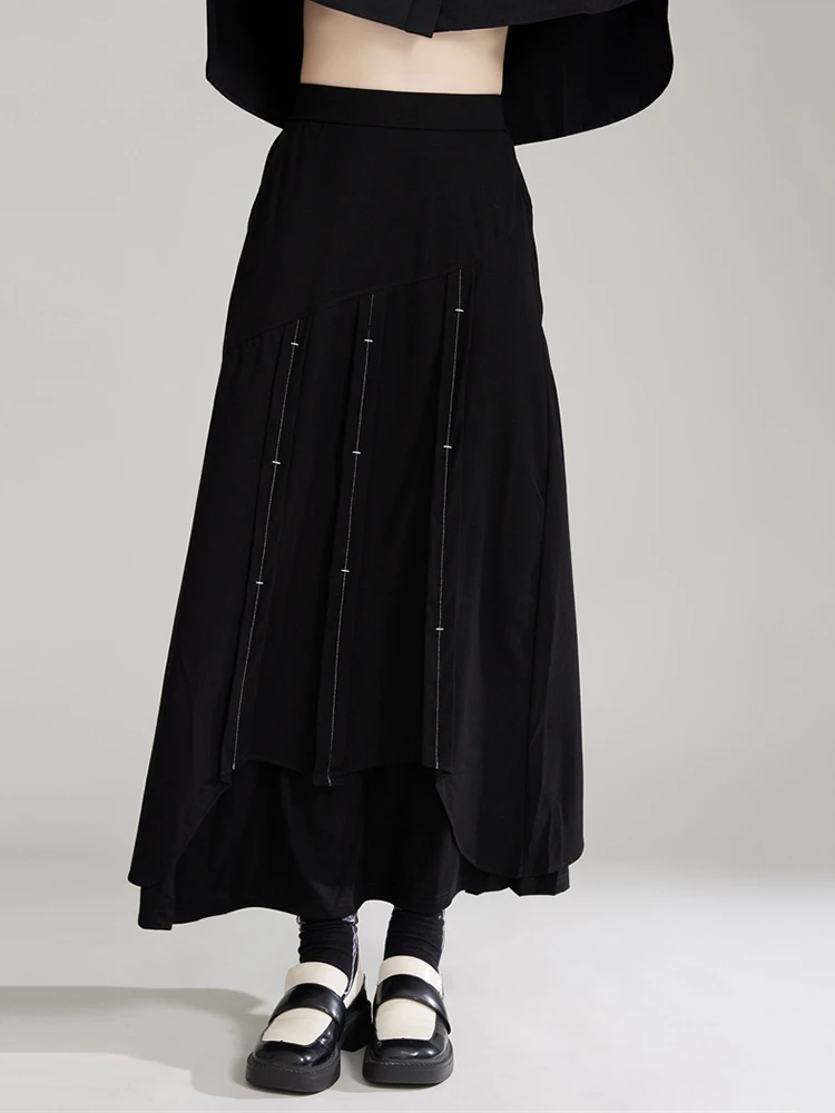 EAM-Jupe trapèze irrégulière surpiquée pour femme, jupe demi-corps, taille haute élastique, noir, marée de mode, nouveau, printemps, automne, 2024, 1DH7986