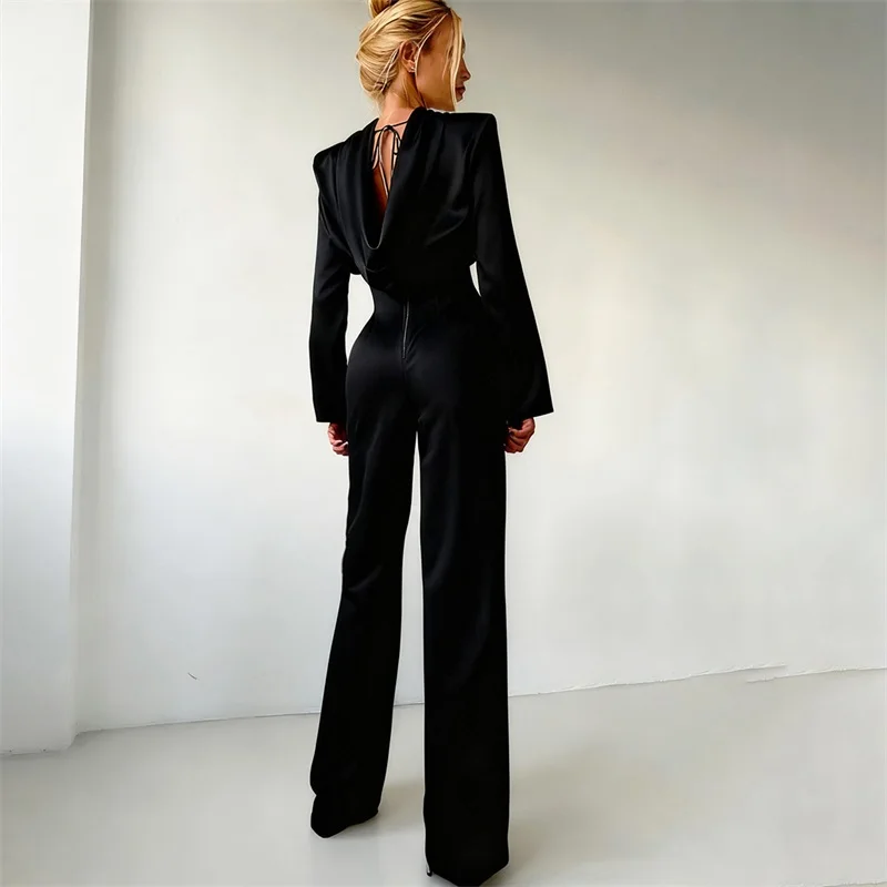 

Women's Black Jumpsuit Wide Leg with Deep Back Cut Out Elegant High Neck Belted Romper Evening Dress for Party Banquet In Stock