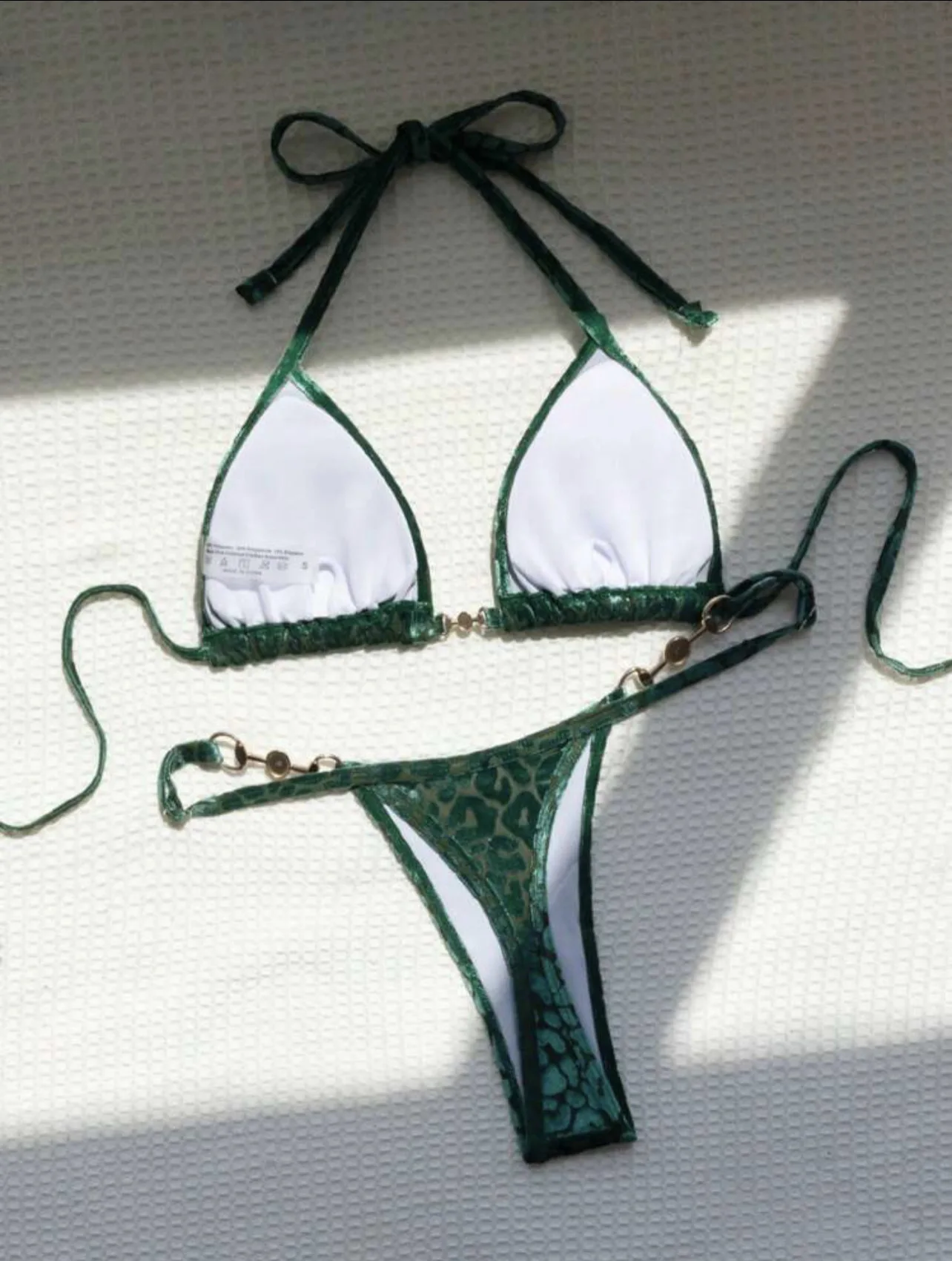 2024 Green Bikini Sets Sexy Leopard Velvet Fabric Swimwear Women T-shaped Micro Thong Mujer String Halter Mini Swimsuits Bathing