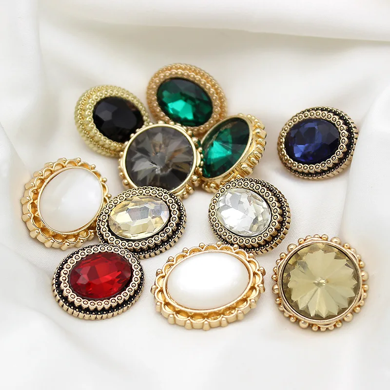 New Arrival 3 PCS Rhinestone Decor Metal Gold Gems Buttons For Clothes Coat Cardigan Sweater Sew Needlework KD3030