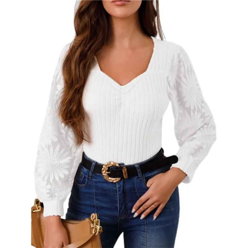 

NEW-Women's Long Sleeve Shirts Lace Floral Tops Casual Knit Sweetheart Neckline Blouses Dressy Elegant Tunic Shirts
