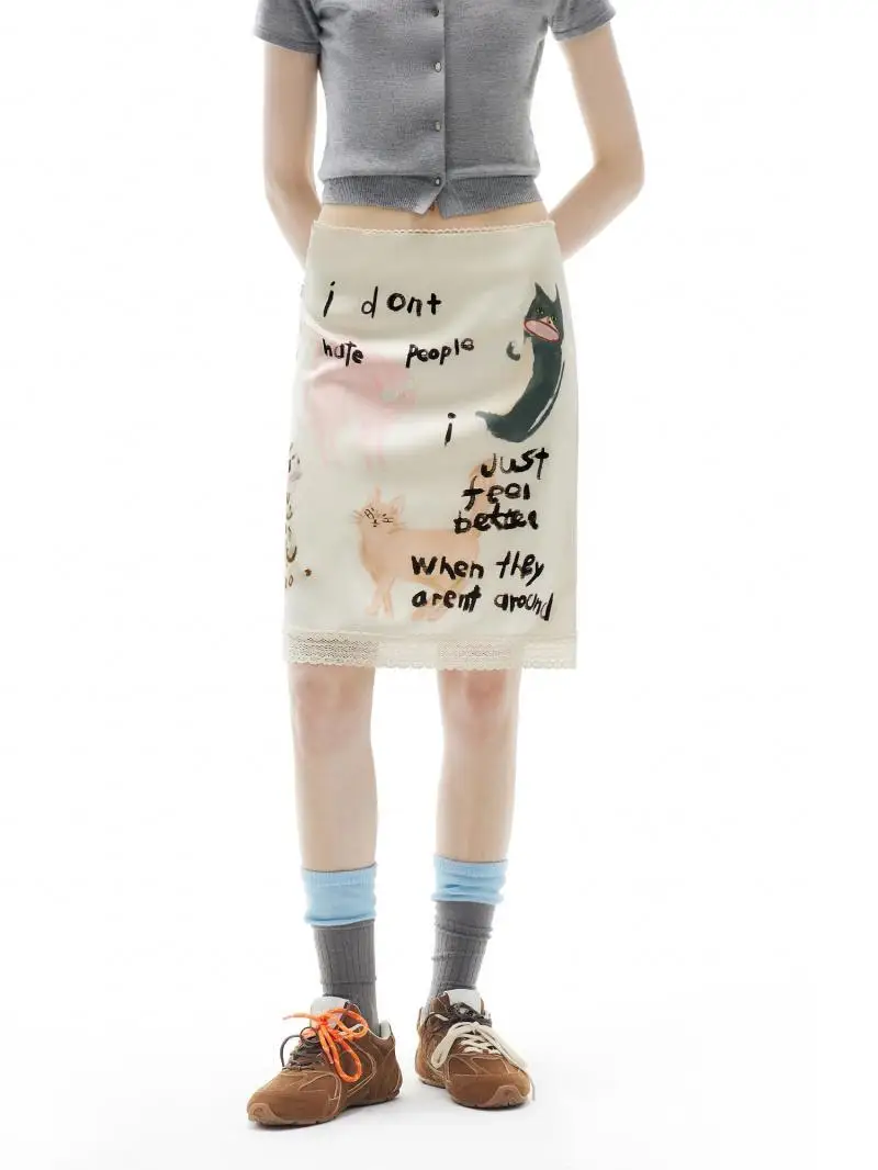 

Satin Cat Print Midi Skirt 2025 Women Low Waist A Line Skirt Sassy Kitty Lace Trim Meme Aesthetic Acetate Party Skirt