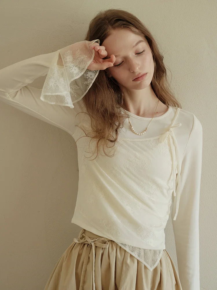 Unique Design Lace Patchwork Long Sleeve T-Shirt Women's Autumn Fashion Casual Style Splicing Lace Base Shirt False Two-Piece
