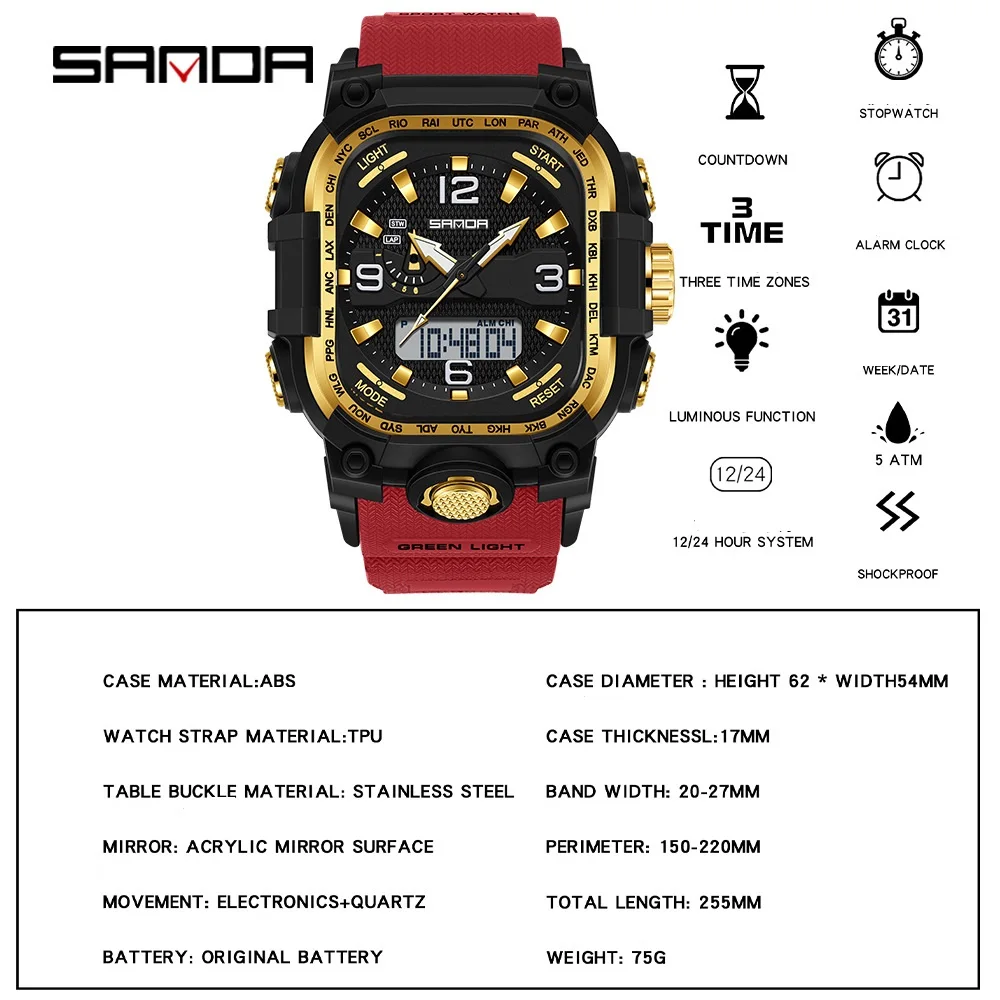 Student Multi-Function Electronic Watch - Creative Square Shape 3 Time Zones Waterproof Luminescent Timing Wristwatch