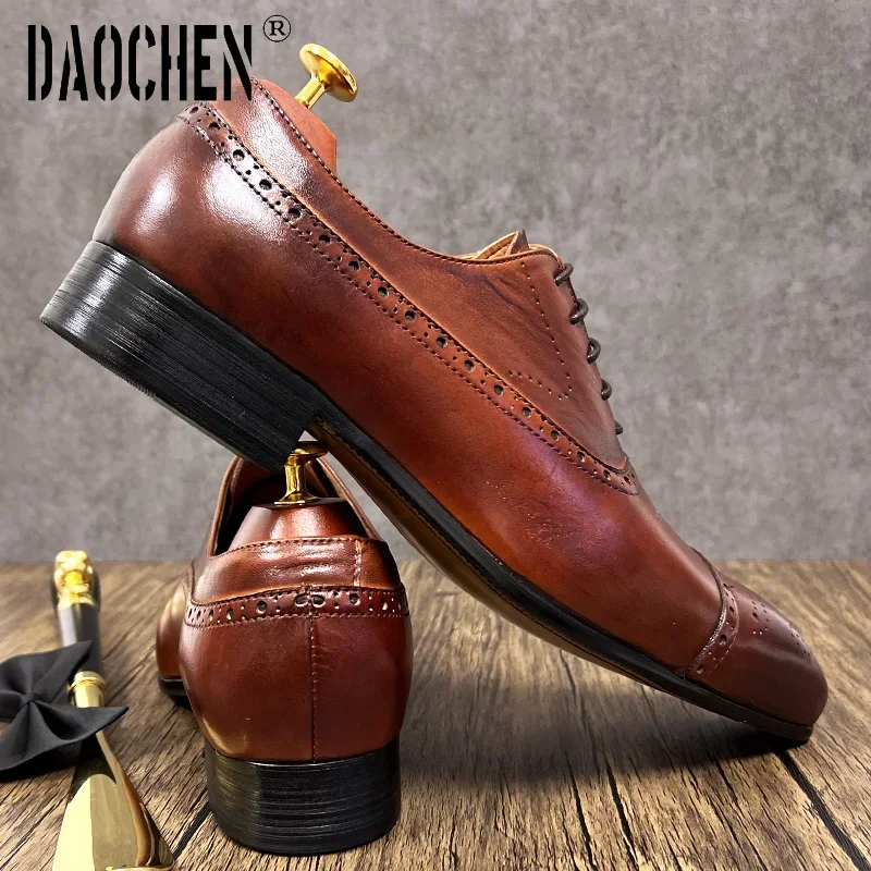 Luxury Brand Men\'s Oxford Shoes Brown Lace Up Pointed Brogues Mens Dress Formal Shoes Wedding Office Leather Men Shoes