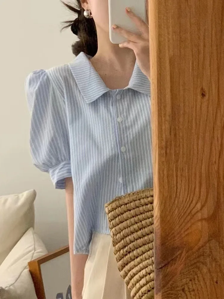 Blue Striped Women's Shirt Summer 2026 Loose Fit Short Sleeve Turn-down Collar Versatile Top Dongda Gate Style Straight Cut