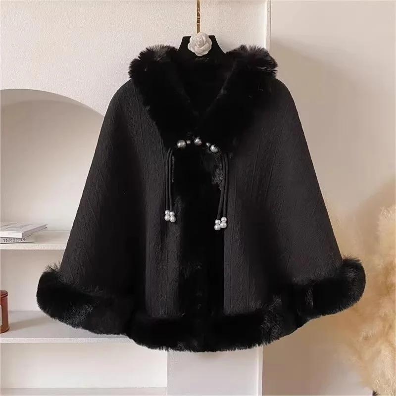 

Зимняя теплая черная накидка Cheongsam, женская плюшевая куртка-шаль с меховым воротником, элегантный художественный плащ, верхняя одежда W2026