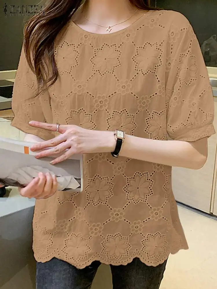 ZANZEA Hollow Out Lace O Neck Blosue Summer Casual Loose Elegant Solid Color Blusas Holiday Short Puff Sleeve Commute Women Tops