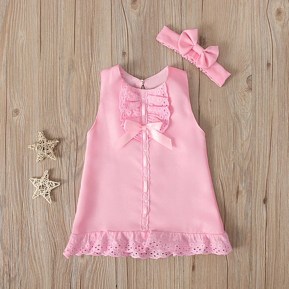 LAPA 3-18M Summer New Infant Lovely Dress Baby Girls Solid Sleeveless Bow Lace Dress+Headband 2PCS Kids Girl Party Dress