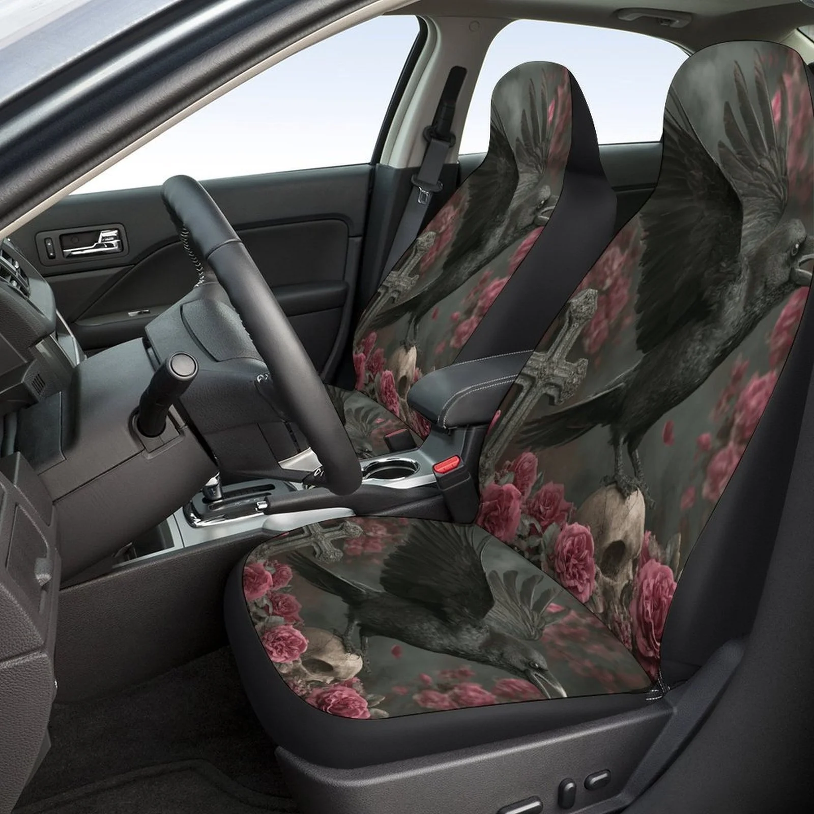 Set Of Car Seat Covers Featuring Raven Skulls And Roses, Suitable For Various Vehicles. Stylish And Breathable, These Decorative