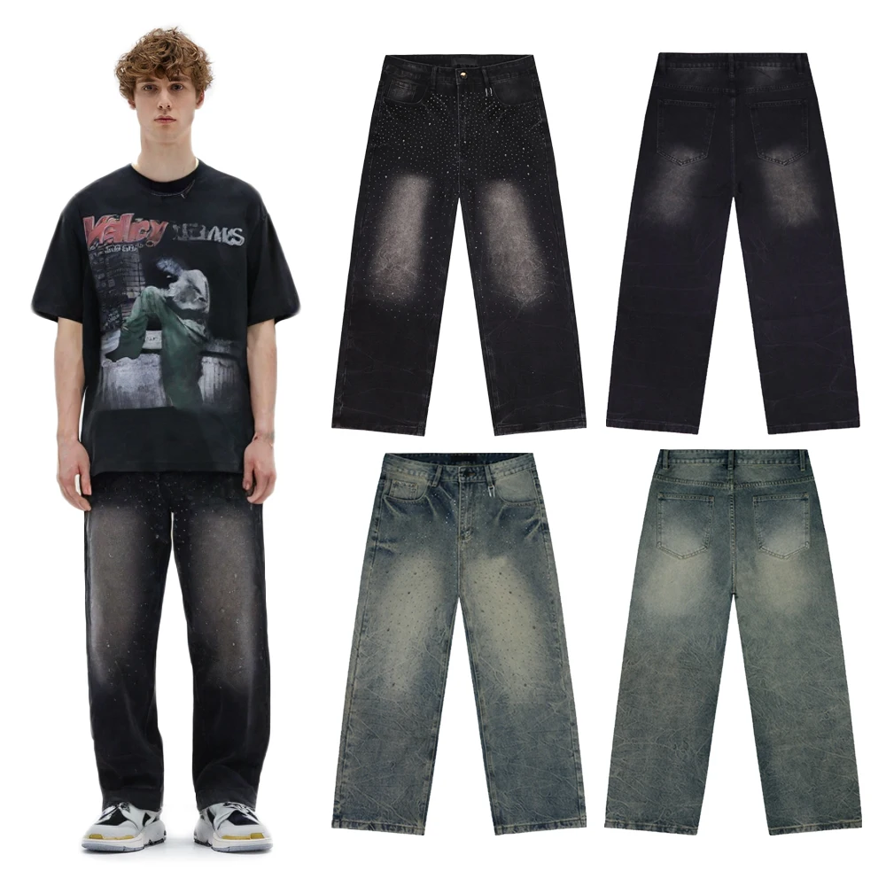 

Streetwear Y2k Loose Jeans with Rhinestones Hiphop Street Style Heavy Weigth Cotton Vintage Rock Revival Baggy Denim Pants Men's