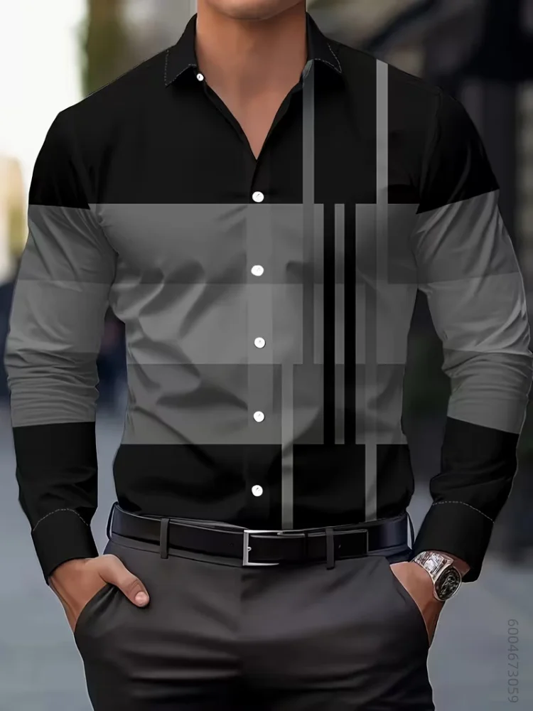 Men's long sleeved shirt elastic geometric contrasting color splicing design daily commuting business versatile casual shirt