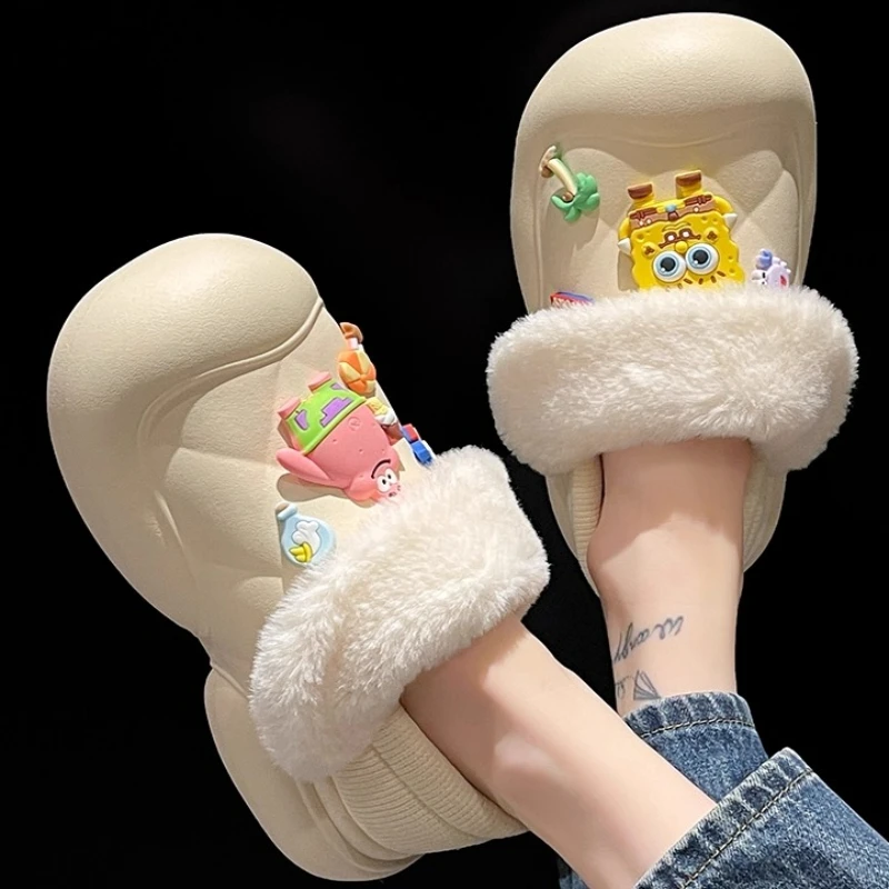

Cute SpongeBob SquarePants Waterproof Cotton Slippers Autumn Girl New Style Girls Wear Warm Thick Bottom Bag Heels Cotton Shoes