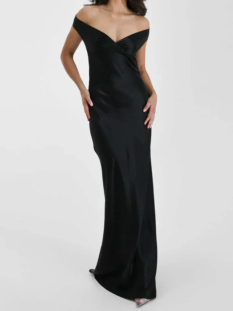 Elegante witte satijnen maxi-jurk met off-shoulder halslijn, tailleband, mouwloos, 2026, nieuwe avondjurk