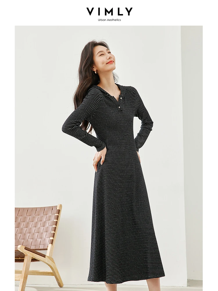 Vimly Women Cotton Hooded Midi Dress 2024 Spring Casual Black White Striped Pullover Long Sleeve A-line Dresses Clothing M5890