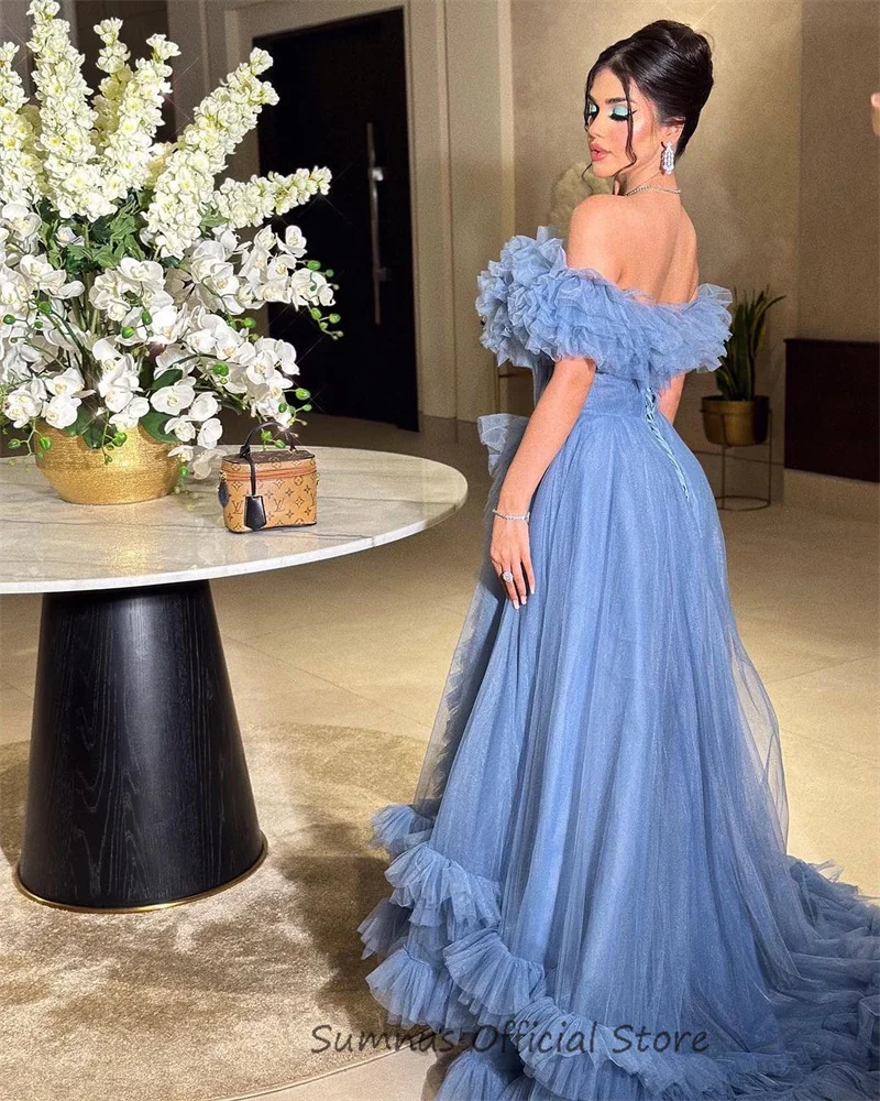 SUMNUS Blue Tulle A Line Princess Wedding Party Dresses Off Shoulder Tiered Ruffles Evening Prom Gowns Bespoke Occasion Dress