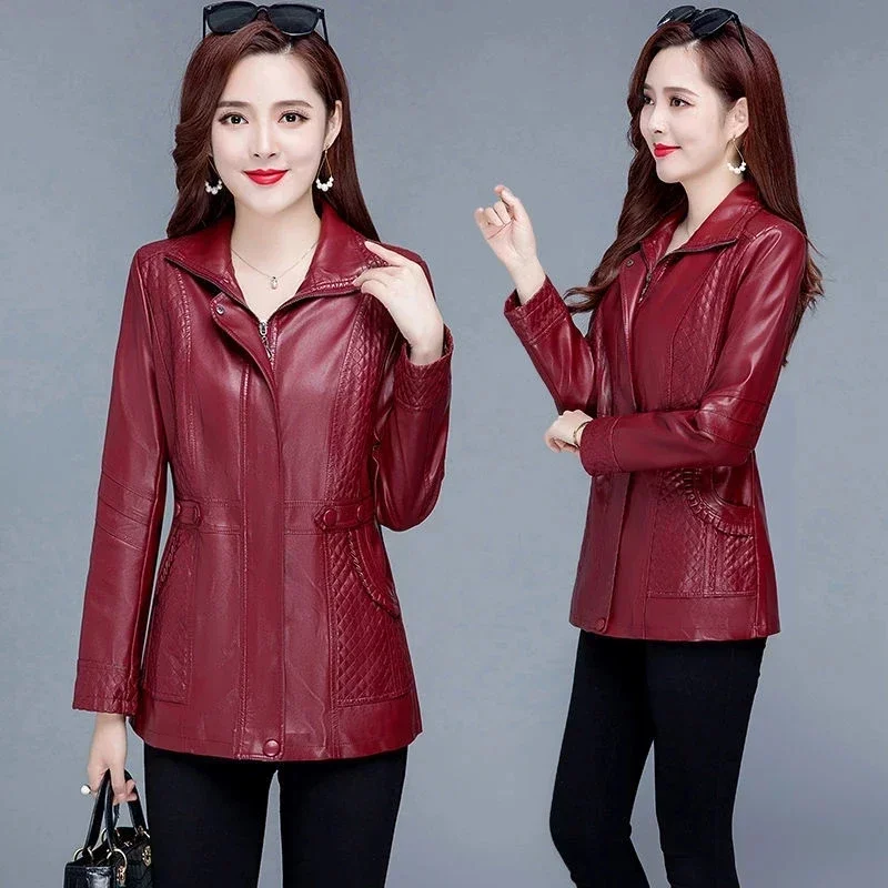 

Pop Pop Spring Autumn New Mid-Length Women's Leather Jacket Lady Clothing Fashion Wild Slim Female Coat 8XL