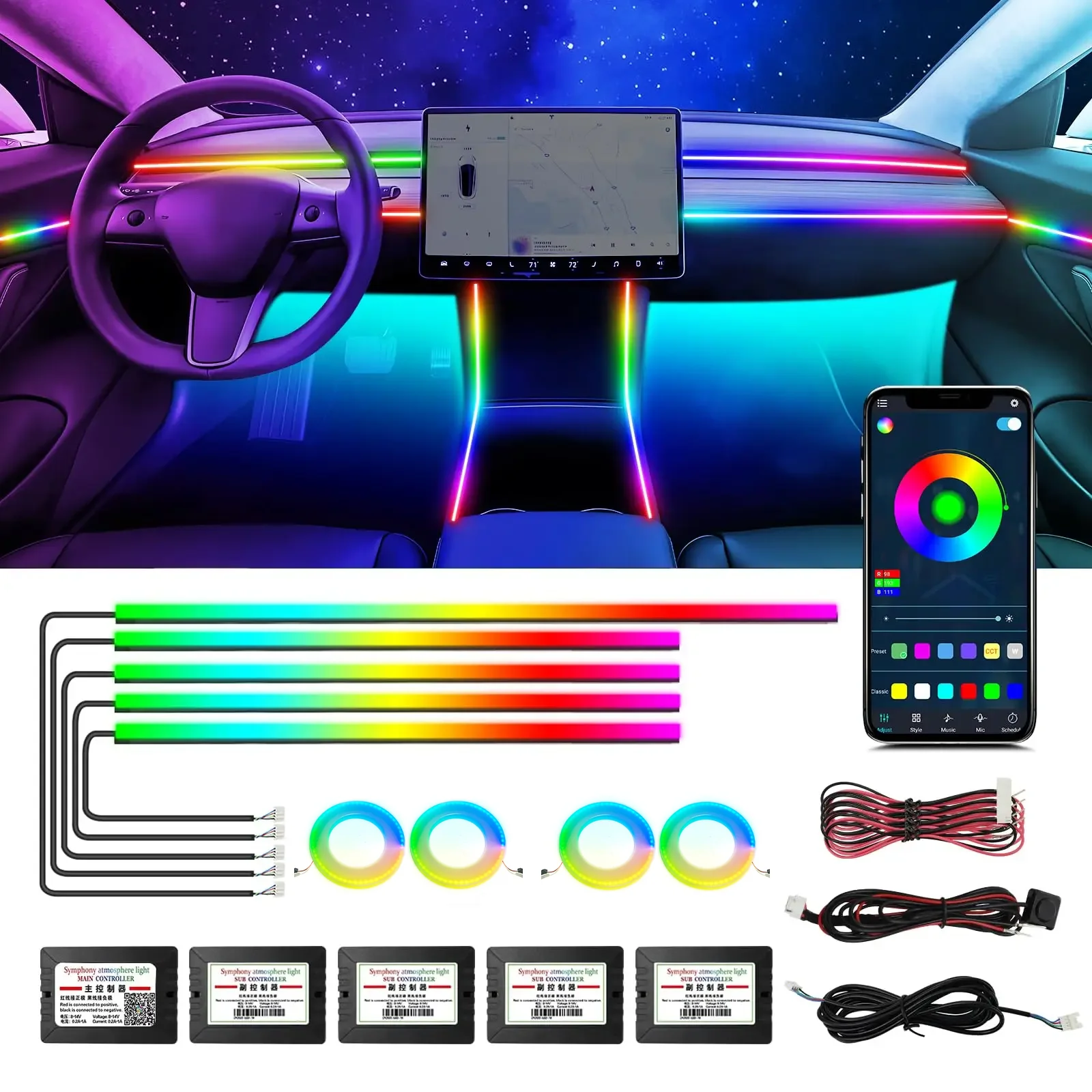 For Tesla Model 3 Model y Car Ambient Lights RGB 64Colors LED Interior Hidden Acrylic Strip Symphony Atmosphere Lamp Accessories