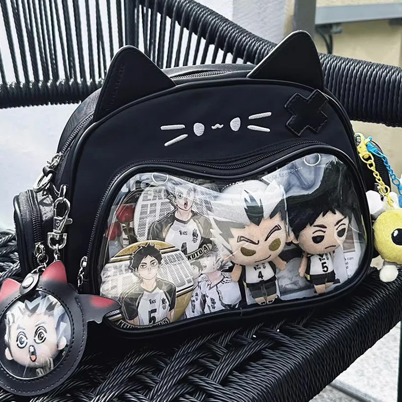 Y2K-Bolso de PU Kawaii Cat Ita para mujer, bolsos cruzados de hombro estéticos con bolsillo transparente, mochilas de moda, coreano, japonés