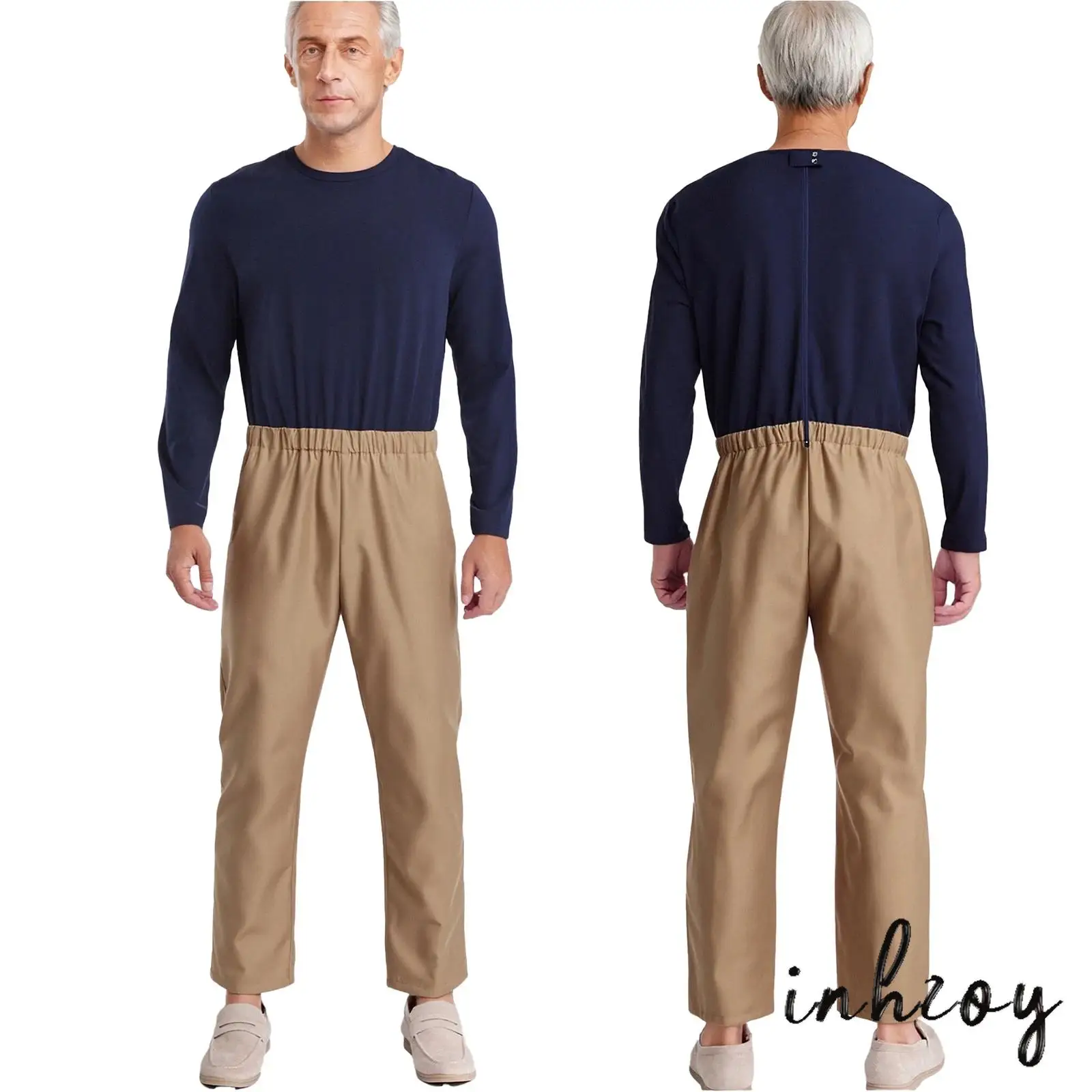 

Men's Alzheimer Adaptive Rompers Round Neck Long Sleeve Back Zipper Color Block Design Jumpsuit with Pockets for Elderly Care